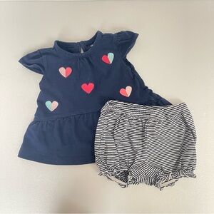 Toddler 2-Piece Navy Embroidered Heart Print Kids Outfit- Tee & Bloomer Shorts